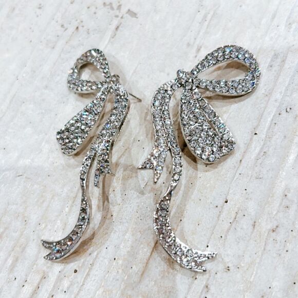 silver diamond bow earrings A208 - Picture 5 of 6